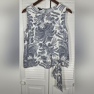 Talbots Navy White Regal Palm Print Round Neck Keyhole Back Side Tie Blouse 10